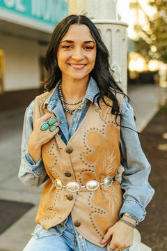 Camel Suede Boot Stitch Embroidered Vest