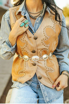 Camel Suede Boot Stitch Embroidered Vest