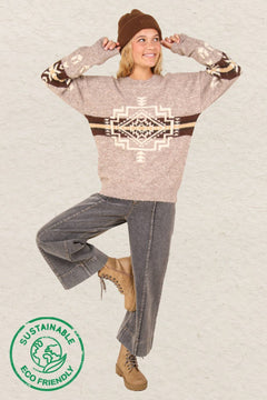 Aztec Graphic Cozy Sweater - Heathered Grey or Oatmeal Colors