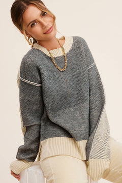 Loose Fit Color Block Textured Round Neck Sweater