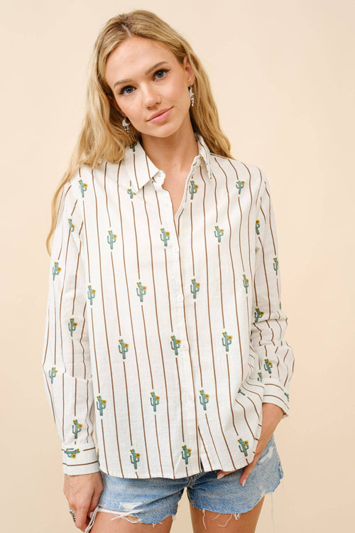 Western Cactus Stipe Print Button Up Shirt