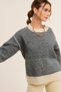 Loose Fit Color Block Textured Round Neck Sweater - Baked Ginger Medium available