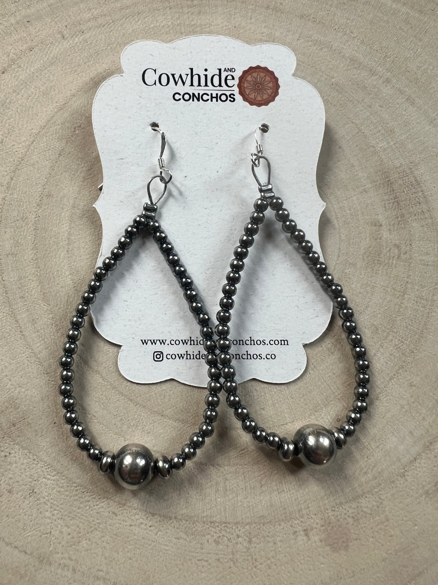 3-4-8mm Sterling Pearl Teardrop Earrings — 3 inch Drop (Made in USA) - Cowhide and Conchos