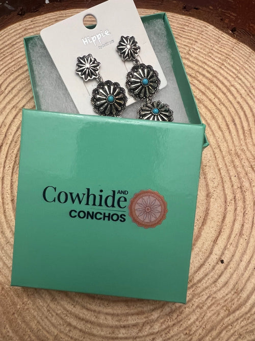 3 Concho Dangle Earrings with Faux Turquoise - 2 1/4 inch drop - Cowhide and Conchos