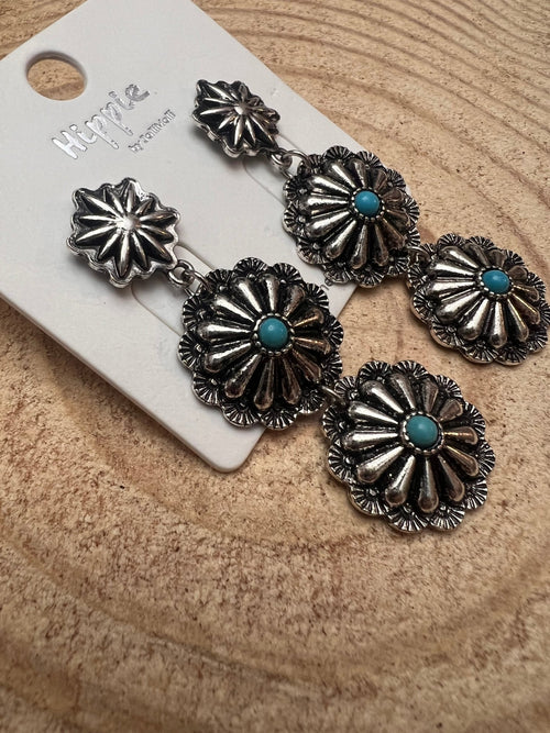 3 Concho Dangle Earrings with Faux Turquoise - 2 1/4 inch drop - Cowhide and Conchos