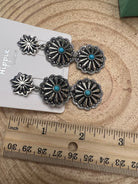 3 Concho Dangle Earrings with Faux Turquoise - 2 1/4 inch drop - Cowhide and Conchos