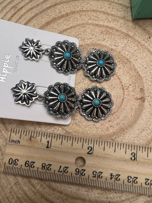 3 Concho Dangle Earrings with Faux Turquoise - 2 1/4 inch drop - Cowhide and Conchos