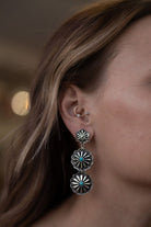 3 Concho Dangle Earrings with Faux Turquoise - 2 1/4 inch drop - Cowhide and Conchos