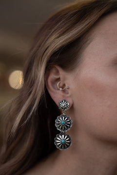 3 Concho Dangle Earrings with Faux Turquoise - 2 1/4 inch drop - Cowhide and Conchos
