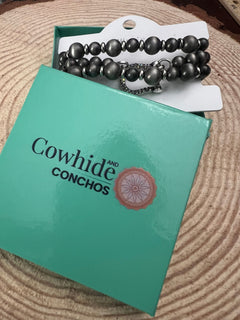 3 for 1 Set Horse Shoe Bracelet Set with Rhinestones - Cowhide and Conchos