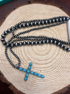 3 Layered Necklace with Faux Turquoise Cross Pendant - 16, 18 and 26 inch - Cowhide and Conchos