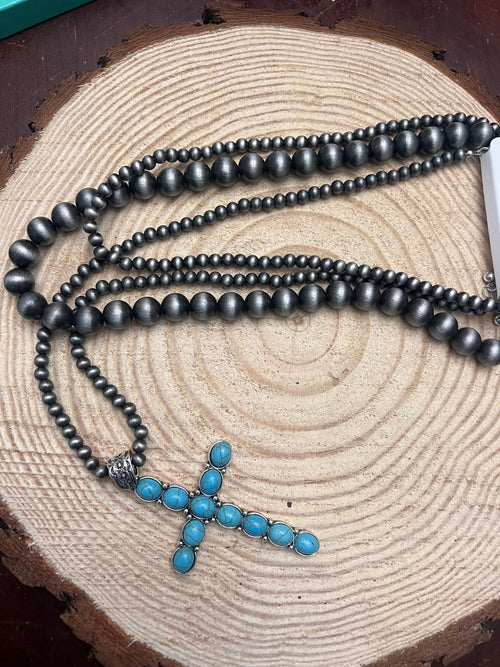 3 Layered Necklace with Faux Turquoise Cross Pendant - 16, 18 and 26 inch - Cowhide and Conchos