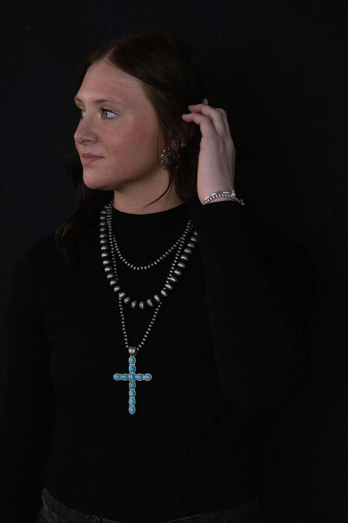 3 Layered Necklace with Faux Turquoise Cross Pendant - 16, 18 and 26 inch - Cowhide and Conchos