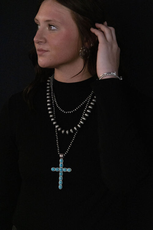 3 Layered Necklace with Faux Turquoise Cross Pendant - 16, 18 and 26 inch - Cowhide and Conchos