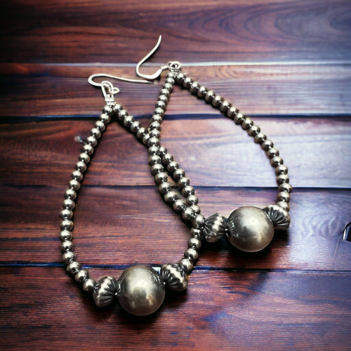 3 mm and 10 mm Teardrop Sterling Silver Pearls earrings - 2 1/2 inch drop - Cowhide and Conchos