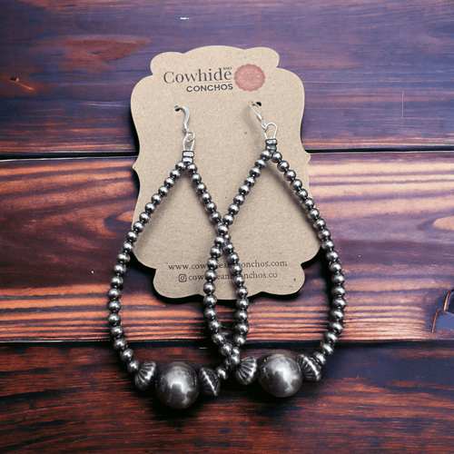 3 mm and 10 mm Teardrop Sterling Silver Pearls earrings - 2 1/2 inch drop - Cowhide and Conchos