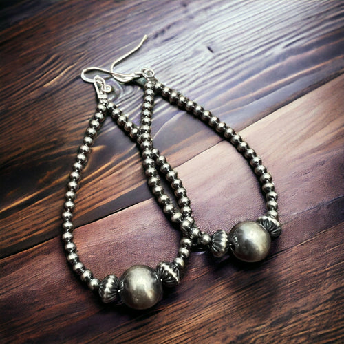 3 mm and 10 mm Teardrop Sterling Silver Pearls earrings - 2 1/2 inch drop - Cowhide and Conchos