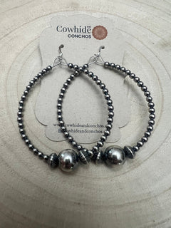 3 mm Sterling Silver Pearl Hoops with 10 mm - 2 inch drop - Cowhide and Conchos