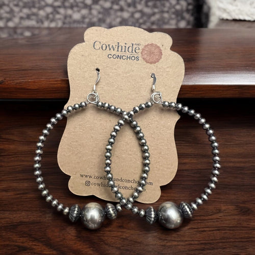 3 mm Sterling Silver Pearl Hoops with 10 mm - 2 inch drop - Cowhide and Conchos