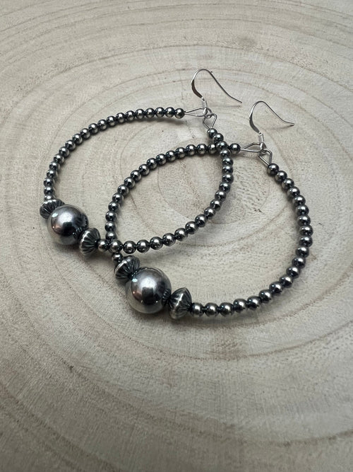 3 mm Sterling Silver Pearl Hoops with 10 mm - 2 inch drop - Cowhide and Conchos