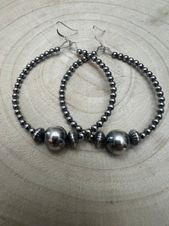3 mm Sterling Silver Pearl Hoops with 10 mm - 2 inch drop - Cowhide and Conchos