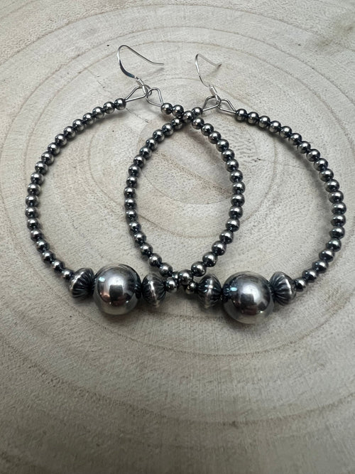 3 mm Sterling Silver Pearl Hoops with 10 mm - 2 inch drop - Cowhide and Conchos