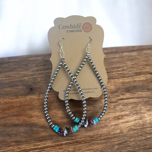 3 mm teardrop earrings Sterling Silver Pearls with Purple Spiny Oyster - Cowhide and Conchos