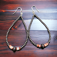 3 mm teardrop Sterling Silver Pearls earrings with orange Spiny Oyster - 3 1/4 inch drop - Cowhide and Conchos
