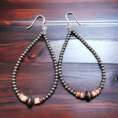 3 mm teardrop Sterling Silver Pearls earrings with orange Spiny Oyster - 3 1/4 inch drop - Cowhide and Conchos