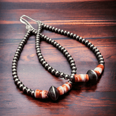 3 mm teardrop Sterling Silver Pearls earrings with orange Spiny Oyster - 3 1/4 inch drop - Cowhide and Conchos