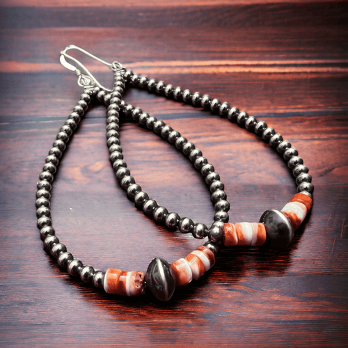 3 mm teardrop Sterling Silver Pearls earrings with orange Spiny Oyster - 3 1/4 inch drop - Cowhide and Conchos