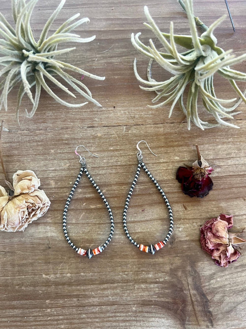 3 mm teardrop Sterling Silver Pearls earrings with orange Spiny Oyster - 3 1/4 inch drop - Cowhide and Conchos