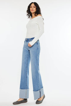 Kan Can Mid Rise Wide Flare Cuff Jeans