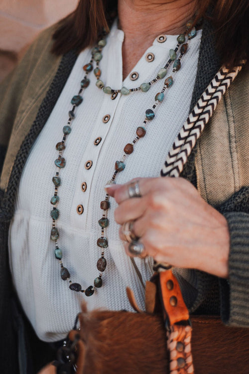 38 inch turquoise nuggets necklace with shell - Cowhide and Conchos