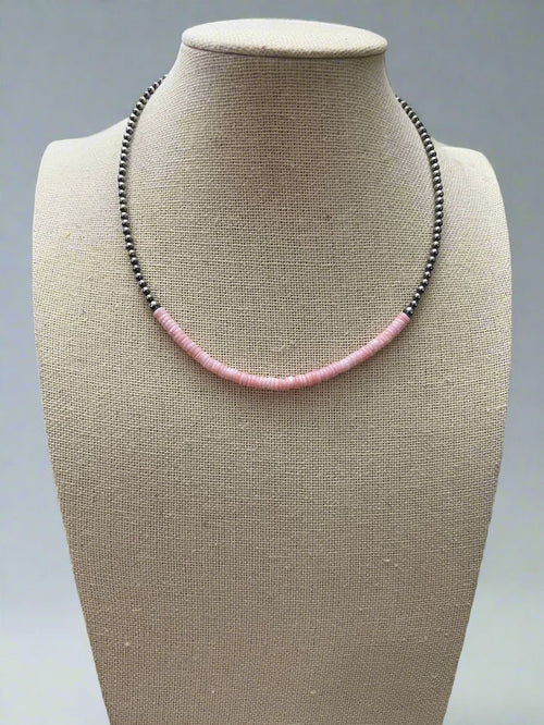 3mm and 4mm Sterling Pearls & Pink Conch Heishi Necklace – 15 inch - Cowhide and Conchos
