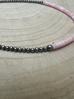 3mm and 4mm Sterling Pearls & Pink Conch Heishi Necklace – 15 inch - Cowhide and Conchos