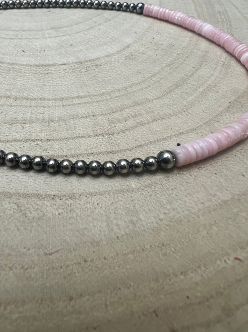 3mm and 4mm Sterling Pearls & Pink Conch Heishi Necklace – 15 inch - Cowhide and Conchos