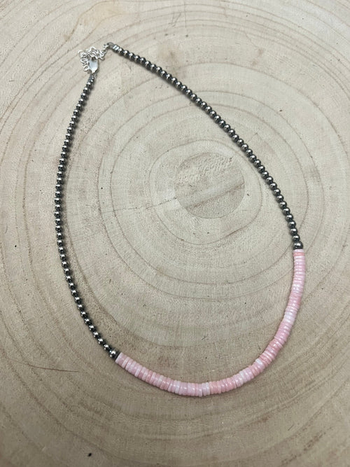 3mm and 4mm Sterling Pearls & Pink Conch Heishi Necklace – 15 inch - Cowhide and Conchos
