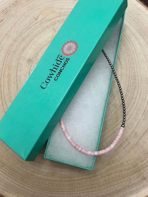3mm and 4mm Sterling Pearls & Pink Conch Heishi Necklace – 15 inch - Cowhide and Conchos