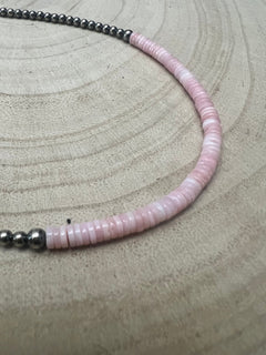 3mm and 4mm Sterling Pearls & Pink Conch Heishi Necklace – 15 inch - Cowhide and Conchos