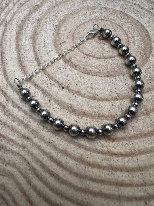 3mm and 6mm Sterling Silver Pearl Bracelet - Cowhide and Conchos