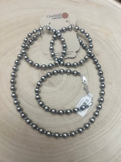 3mm and 6mm Sterling Silver Pearl Bracelet - Cowhide and Conchos