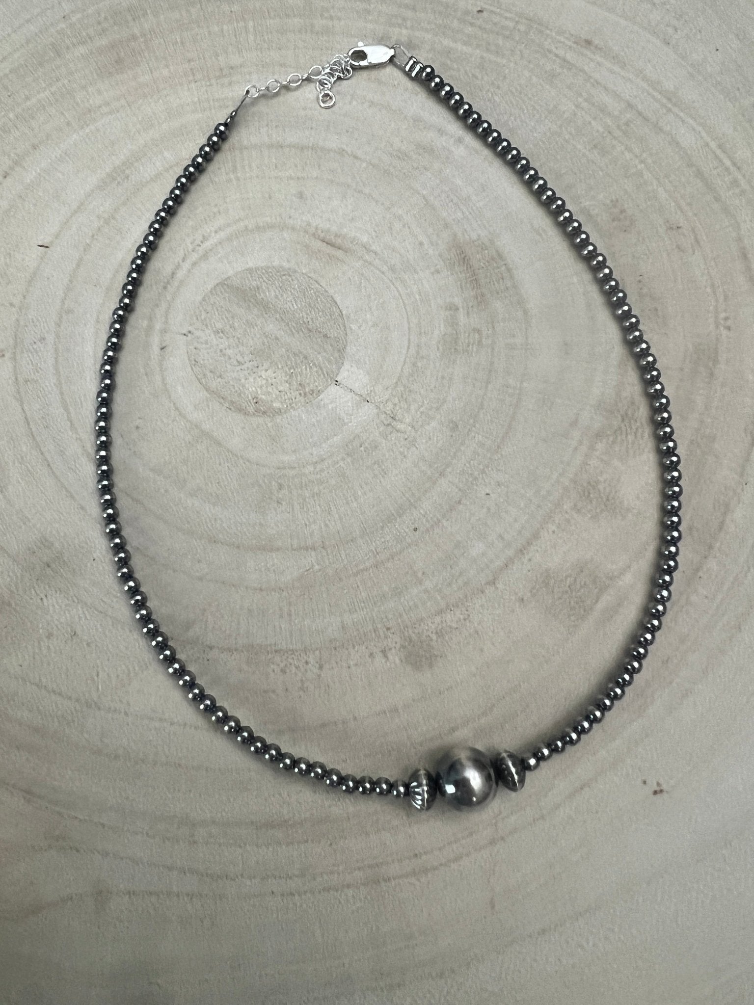 3mm Sterling Pearl Choker with 10mm Center & 2 Saucer Accents — 14 inch (with 3 inch Extender) - Cowhide and Conchos