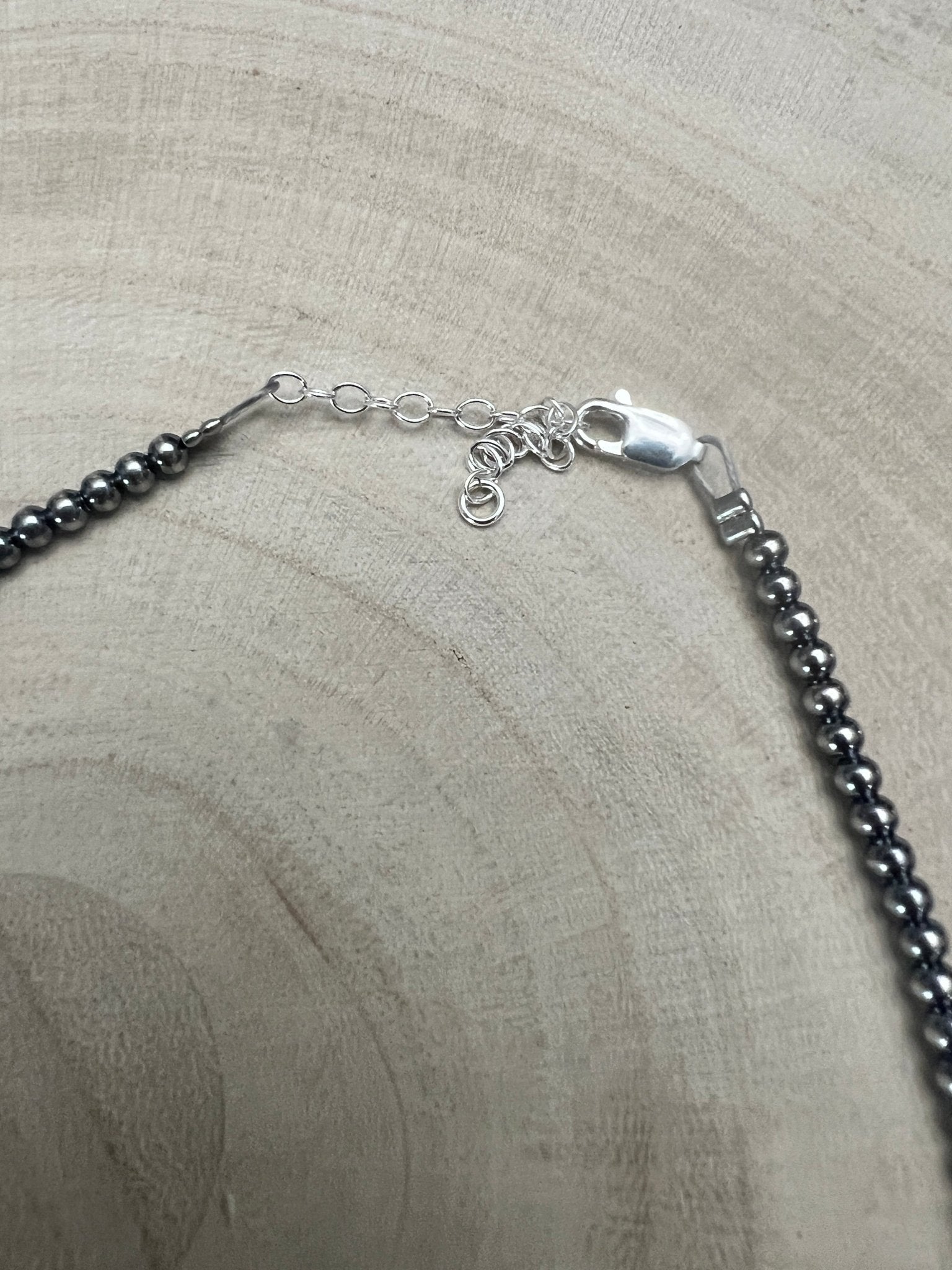 3mm Sterling Pearl Choker with 10mm Center & 2 Saucer Accents — 14 inch (with 3 inch Extender) - Cowhide and Conchos