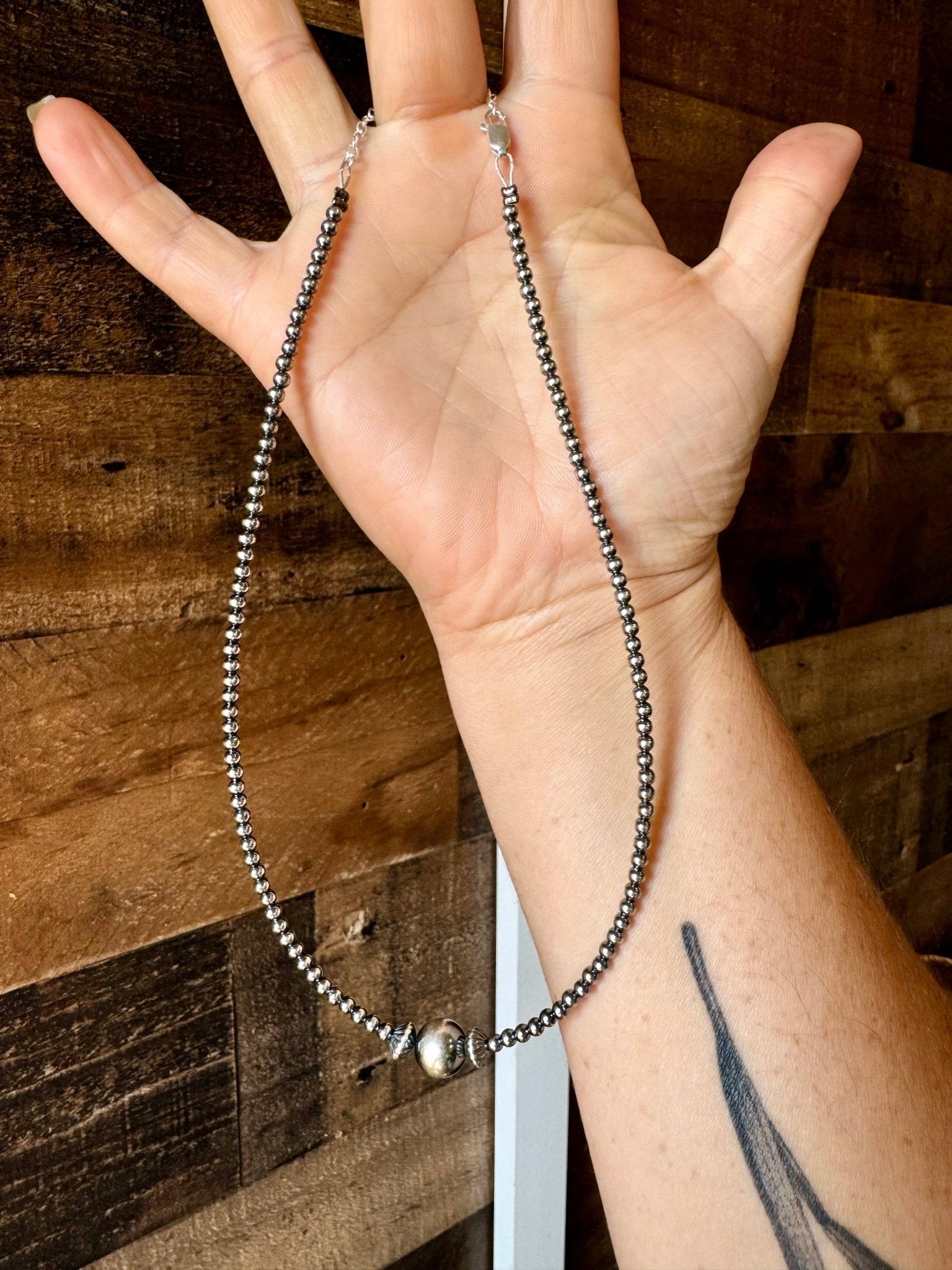 3mm Sterling Pearl Choker with 10mm Center & 2 Saucer Accents — 14 inch (with 3 inch Extender) - Cowhide and Conchos