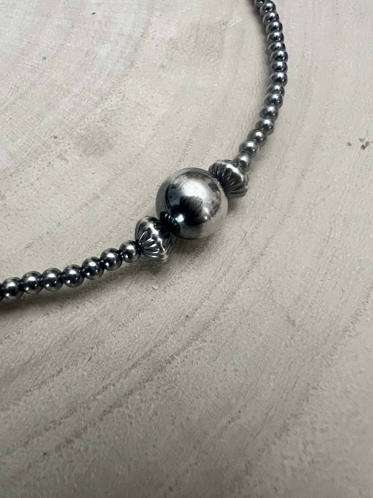 3mm Sterling Pearl Choker with 10mm Center & 2 Saucer Accents — 14 inch (with 3 inch Extender) - Cowhide and Conchos