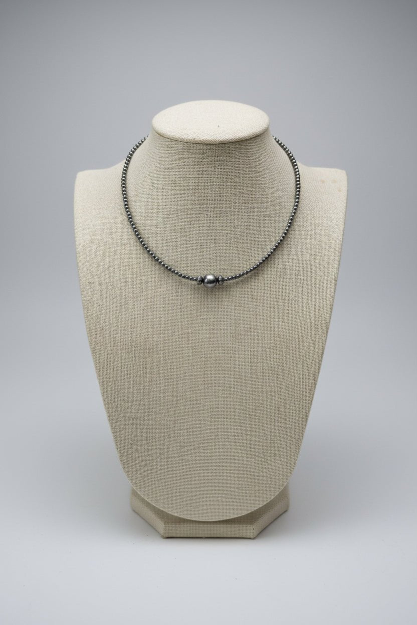 3mm Sterling Pearl Choker with 10mm Center & 2 Saucer Accents — 14 inch (with 3 inch Extender) - Cowhide and Conchos
