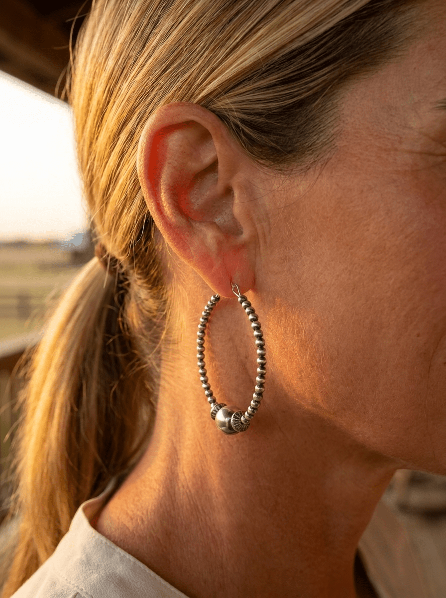 3mm Sterling Pearl Hoops with 10mm Center — 2 inch drop - Cowhide and Conchos
