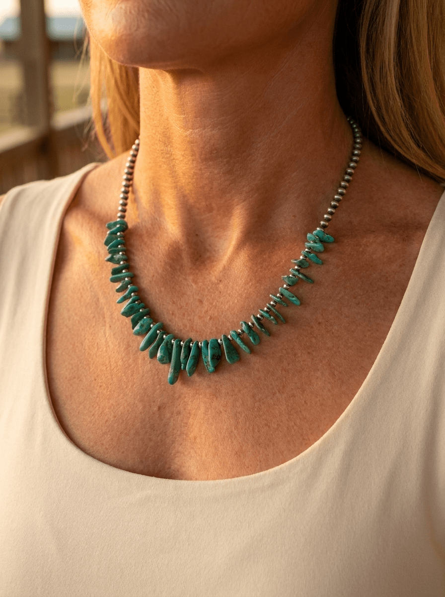 3mm Sterling Pearl Necklace with American Turquoise — 18 inch (One-of-a-Kind) - Cowhide and Conchos