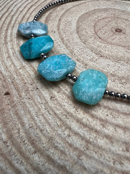3mm Sterling Pearls and Peruvian Amazonite - 14 inch choker - Cowhide and Conchos